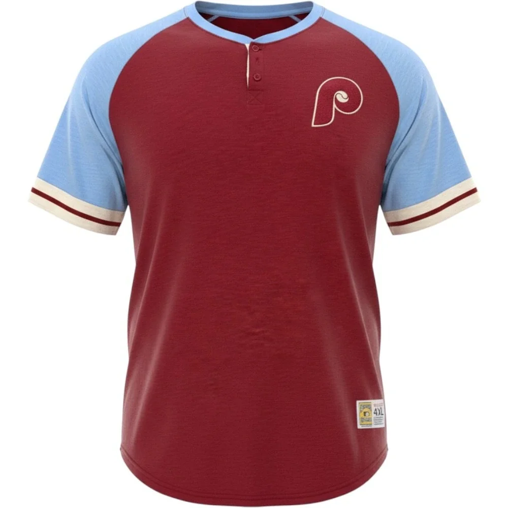 Mitchell & Ness Phillies Henley Shirt Mens 4XL Maroon Blue Cooperstown Slub Knit